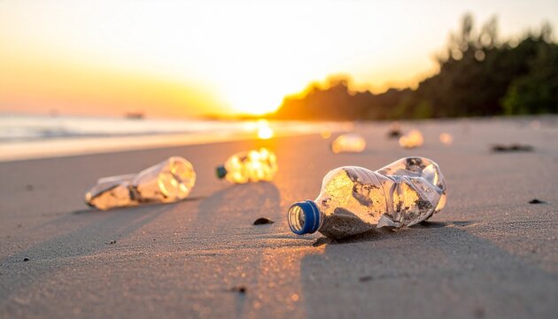 浜辺に転がるペットボトルのゴミが環境汚染の象徴となる光景 - Powered by Adobe
