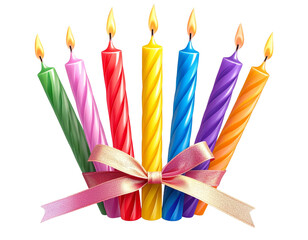 Bundle of Birthday Candles Tied with Ribbon, Bright Mixed Colors, Isolated on Transparent Background