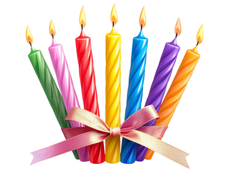 Bundle of Birthday Candles Tied with Ribbon, Bright Mixed Colors, Isolated on Transparent Background