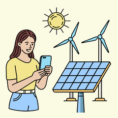 Line art woman with phone and renewable energy elements