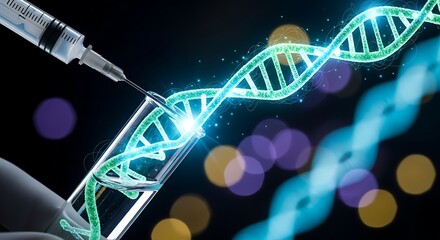 Medical syringe injecting fluid into glowing dna helix with bokeh lights