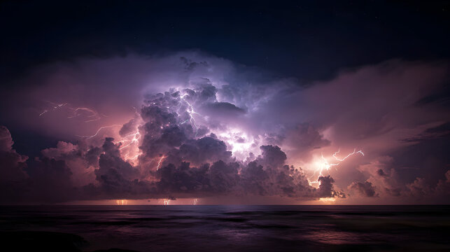 Dramatic nighttime lightning storm with towering cumulonimbus clouds over the ocean - Powered by Adobe