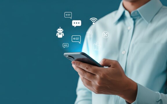 Businessman using a smartphone to communicate with an AI chatbot for customer service and online support