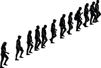 Silhouette of large group of people walking upwards in diagonal line, men and women climbing stairs isolated on white background