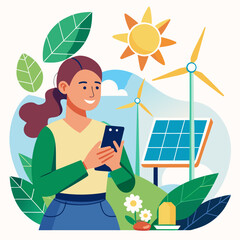Person with smartphone and renewable energy elements