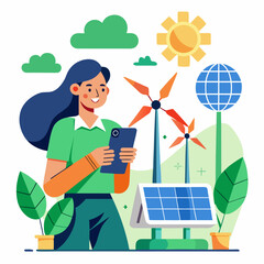 Person with tablet near renewable energy sources wind turbines