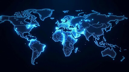 Digital glowing blue world map on a dark background representing global connections and data visualization. - Powered by Adobe