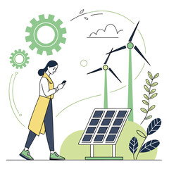 Person with yellow scarf checks phone near wind turbines and solar panel