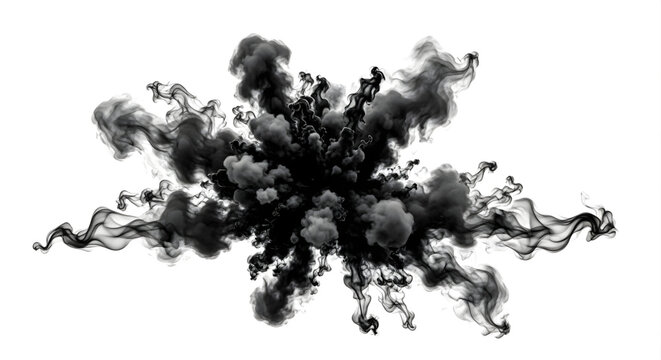 Dramatic black smoke explosion with wispy tendrils against a stark white background scene