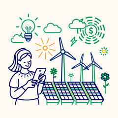 Woman controlling renewable energy with smartphone and icons
