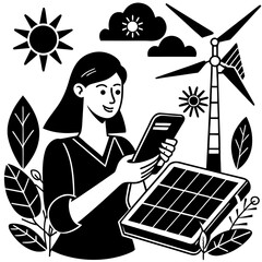 Woman Holding Phone Near Solar Panel And Wind Turbine Keywords: renewable energy, solar power