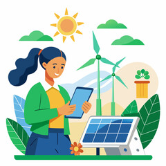 Smiling woman holding tablet near solar panels and wind turbines