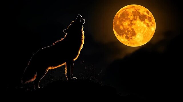 Wolf howling at a bright orange moon