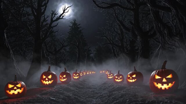 A Spooky Pathway on Halloween Night Lit Only by Rows of Glowing Pumpkins