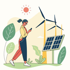 Woman in glasses with smartphone near wind turbines and solar panel