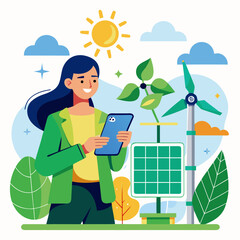 Woman in green jacket with tablet near solar panel and wind turbine