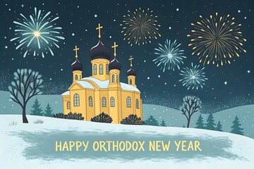 Festive Orthodox Church Under Snowy Night Sky With Fireworks For New Year Celebration

