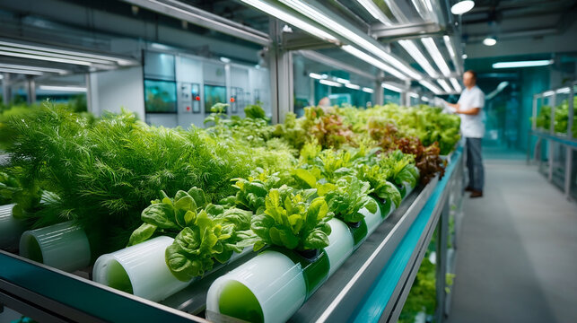 Engineer diligently inspecting lush green lettuce modern vertical farm. Hydroponic cultivation within an advanced indoor farming agriculture