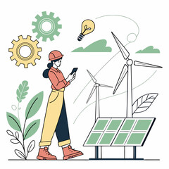 Woman in hard hat with smartphone near renewable energy sources
