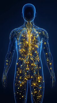 Human lymphatic system glowing, ideal for medical websites, educational materials, and healthrelated articles. Suitable for science textbooks.