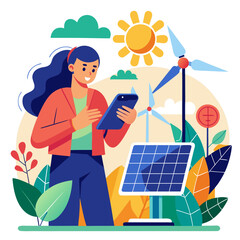 Woman interacting with renewable energy technology