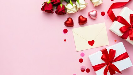  Elegant Valentine's flat lay with roses, chocolates, and gift boxes on pink background