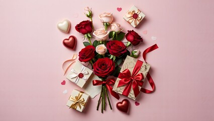 Romantic flat lay with luxury chocolates, roses, and presents