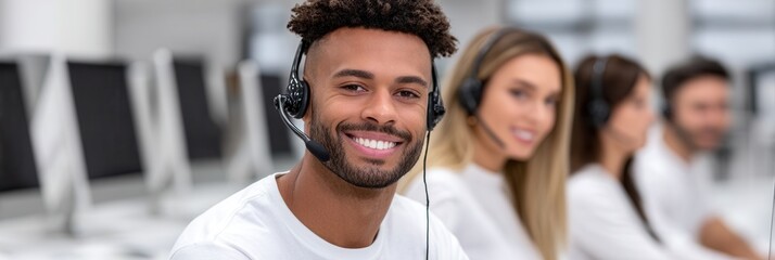 A cheerful customer service representative wearing a headset in a bright office setting. Ideal for business and communication themes.