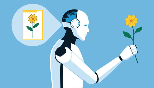 AI humanoid robot looking at a flower and recognizing it