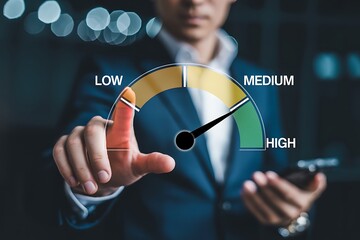Risk assessment and management performance indicator gauge. Risk level gauge from low to high, performance evaluation, analysis, strategic planning, and decision-making process for business continuity