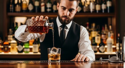 Bartender pouring whiskey into a glass at a bar