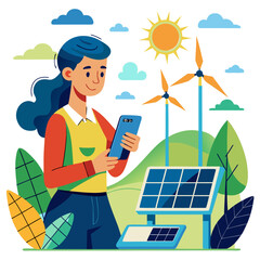 Woman using smartphone with solar panels and wind turbines