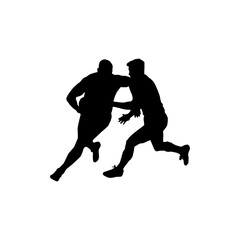 Silhouette of two male athletes engaged in a dynamic wrestling match or combat sport