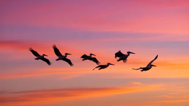 Flock of pelicans flying in silhouette against a vibrant sunset sky - Powered by Adobe