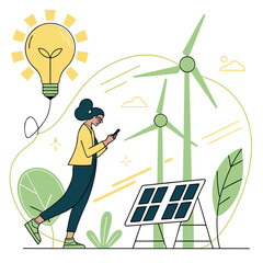 Woman with flower in hair checks phone near lightbulb and wind turbines