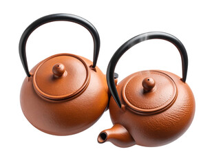  Minimalist Floating Teapot Pair with Soft Vertical Steam Columns, Overhead Perspective, Isolated PNG.