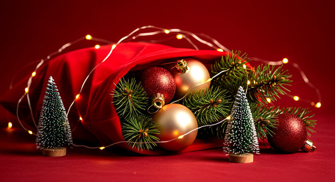Festive Christmas Ornaments and Lights on Red Background