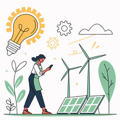 Woman with lightbulb, gears, and renewable energy solar panel