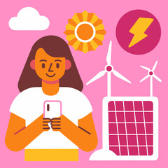 Woman with phone and renewable energy symbols solar power