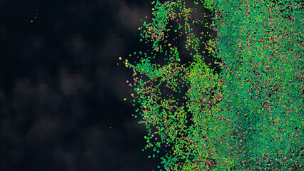 Top-down aerial photo of vibrant green and multicolored floating leaves scattered over dark, calm water, creating a striking natural abstract pattern. © MohamadHudZaqwan