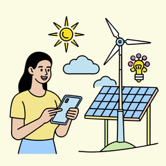 Woman with phone and renewable energy with lightbulb icon
