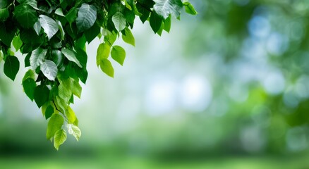 Fototapeta premium Leafy green tree branch with a blue sky in the background. Concept of calm and tranquility, as the lush green leaves