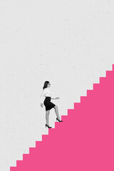 Vertical 3d artwork pop banner collage of happy businesswoman climb career ladder development statistics manager promotion