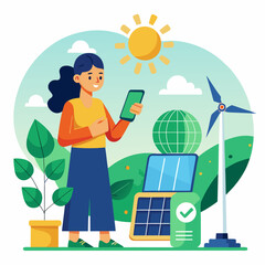 Woman with renewable energy and digital checkmark solar panel