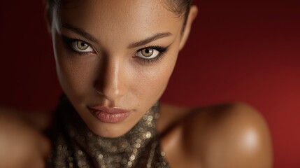 Intense gaze from a woman with striking eyes and glamorous makeup. Her defined features stand out against a blurred, soft background. She wears an elegant glittery garment