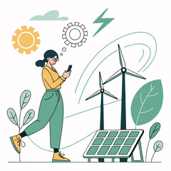 Woman with Smartphone and Renewable Energy Elements