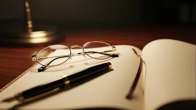 Glasses and pen on open book for studying under lamp light focusing on details for investigation or writing