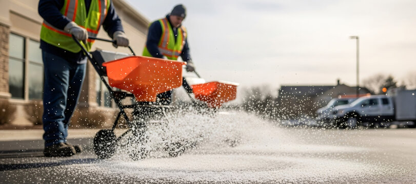 Two men in safety vests spreading ice melt on pavement with push spreaders to prevent slipping during winter weather. Banner with copy space