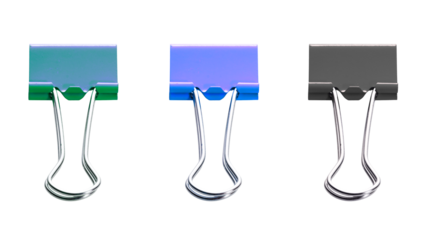 Three colorful binder clips on a transparent background.