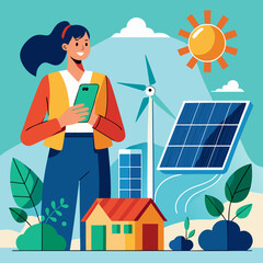 Woman with smartphone and renewable energy in a landscape